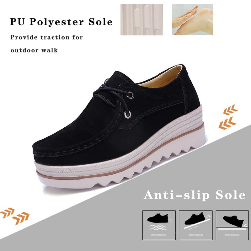 Ruiatoo Women Platform Lace Up Loafers Comfort Genuine Suede Wedge Shoes Low Top Moccasins (3089,Black 35) - Image 3